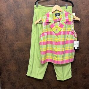 NWT Vintage Sweet Suit Spring Summer Green Pink Yellow Tank Capri Cropped Pant